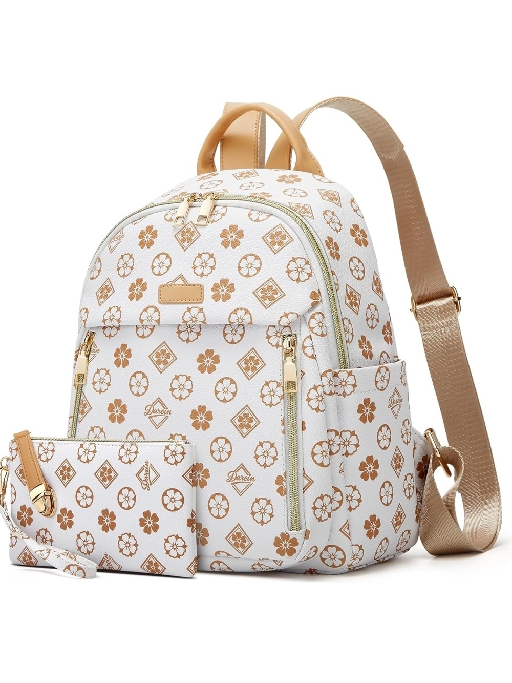 White & Tan Floral Print Mini Backpack with Wristlet